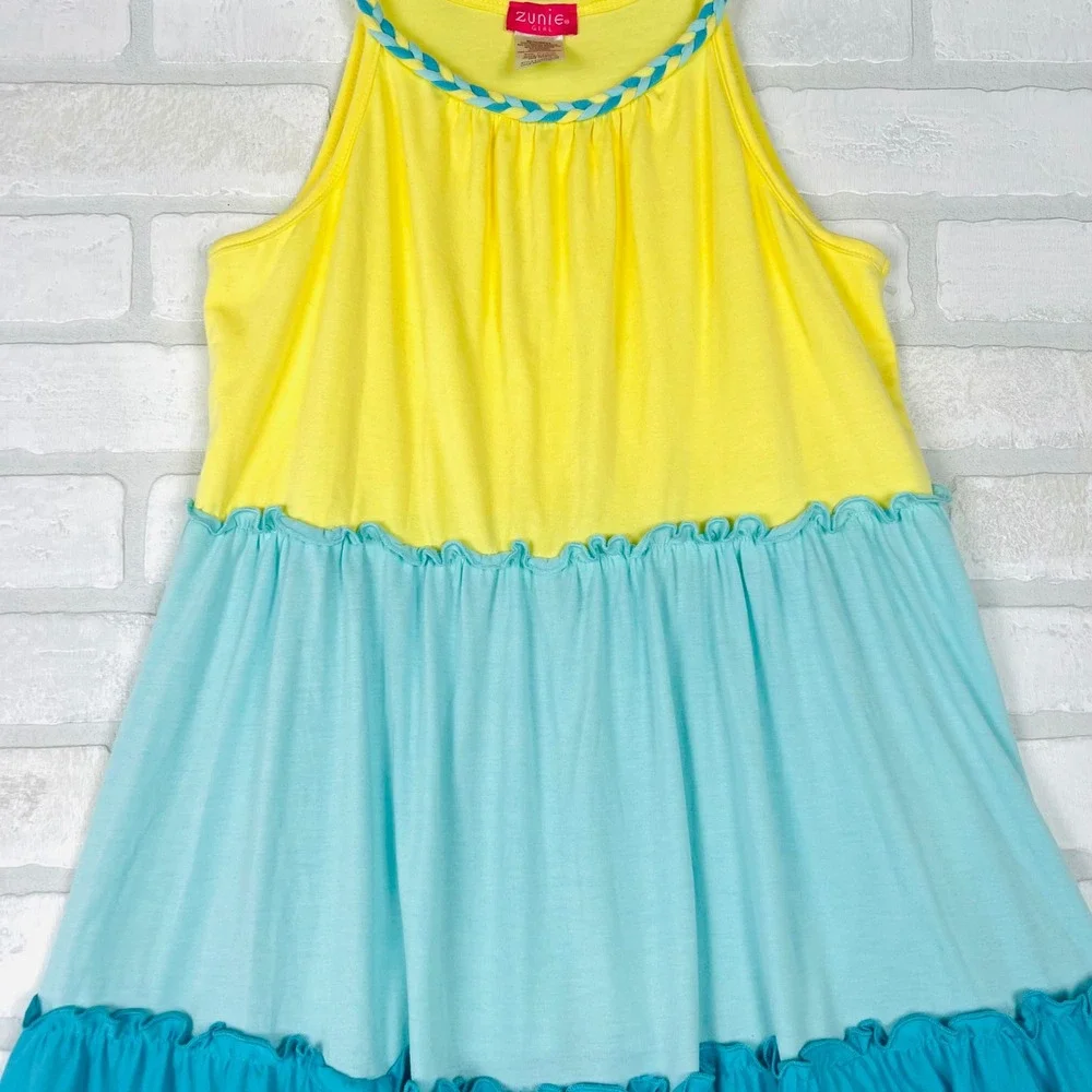 Zunie Girl Kids XL 14/16 Yellow Blue Tiered Colorblock Braided Strap Dress